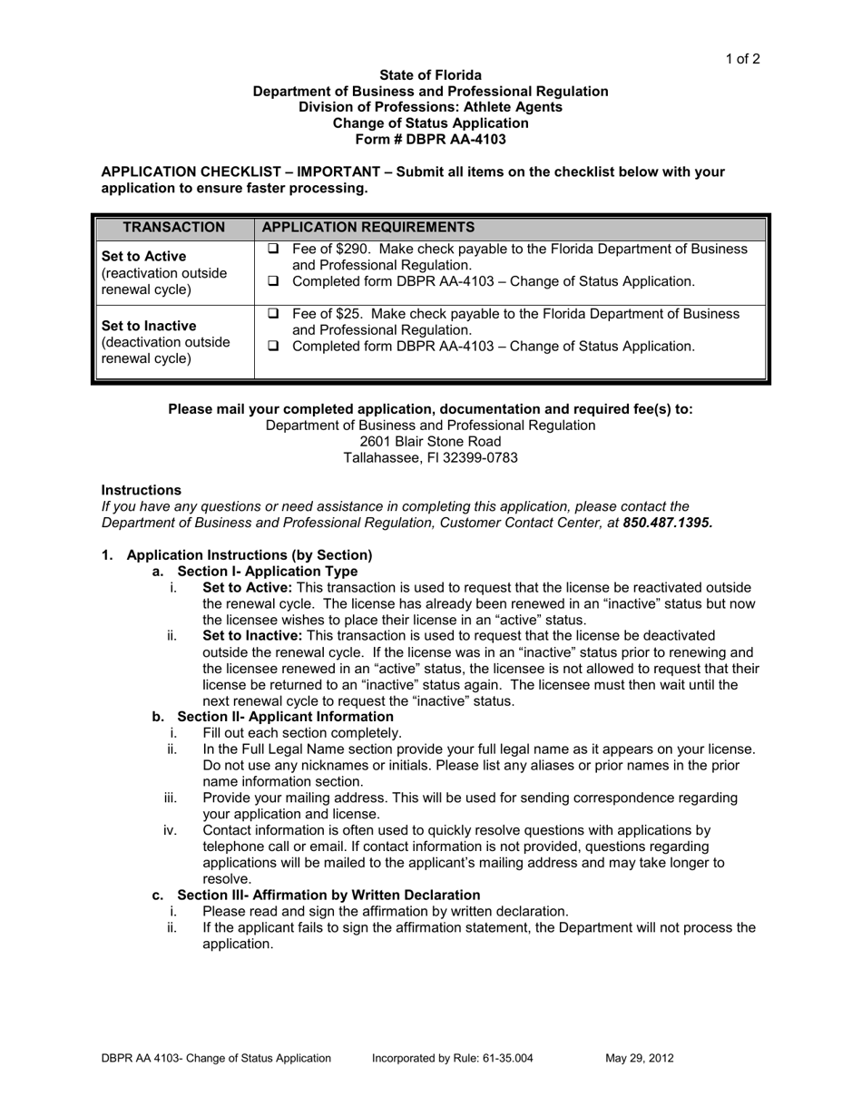 DBPR Form AA-4103 Change of Status Application - Florida, Page 1