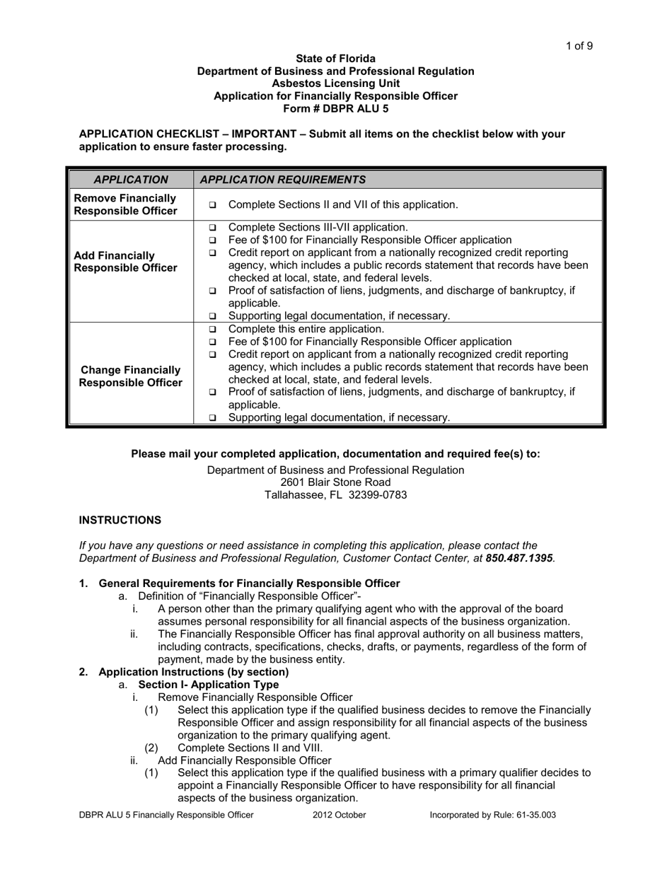 DBPR Form ALU5 Application for Financially Responsible Officer - Florida, Page 1