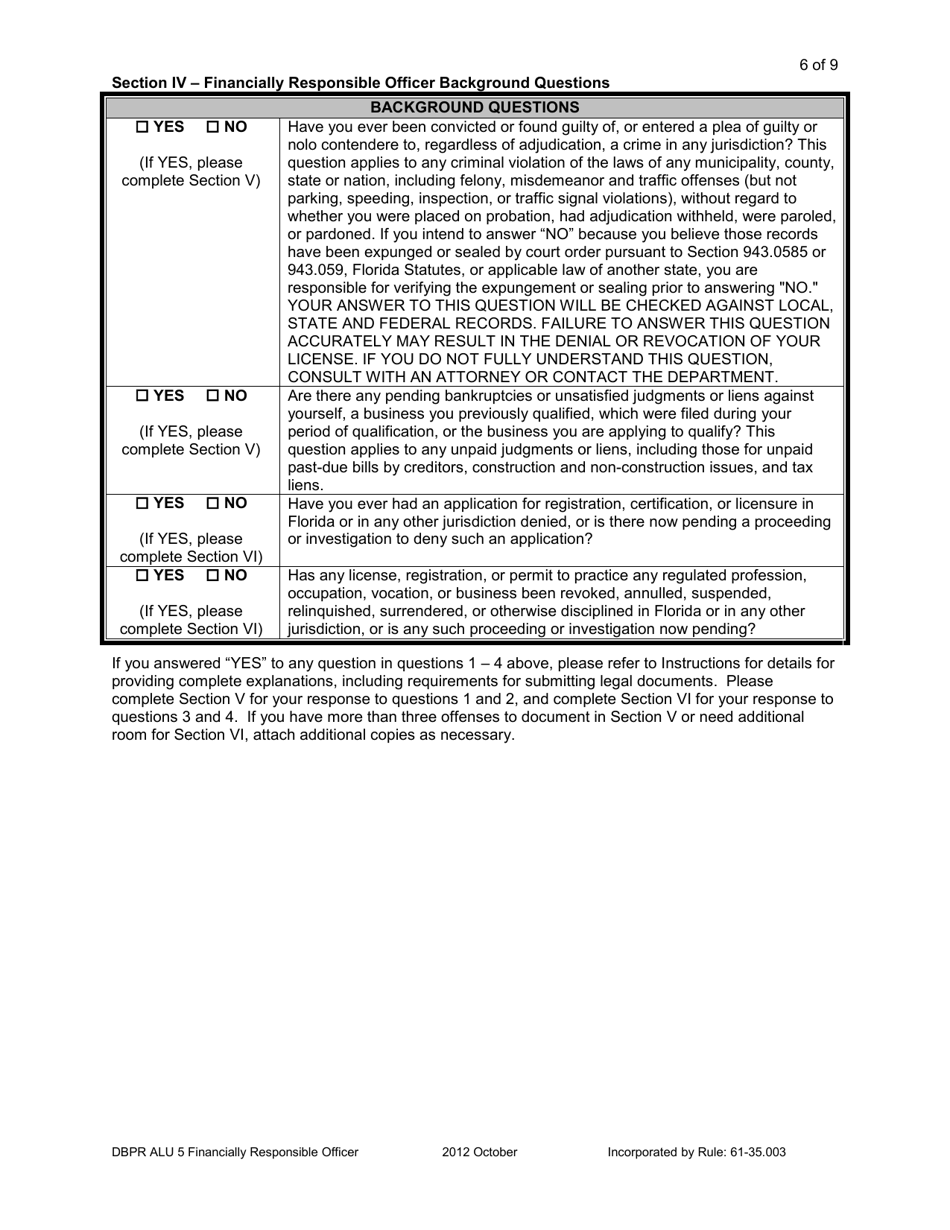 DBPR Form ALU5 Application for Financially Responsible Officer - Florida, Page 6