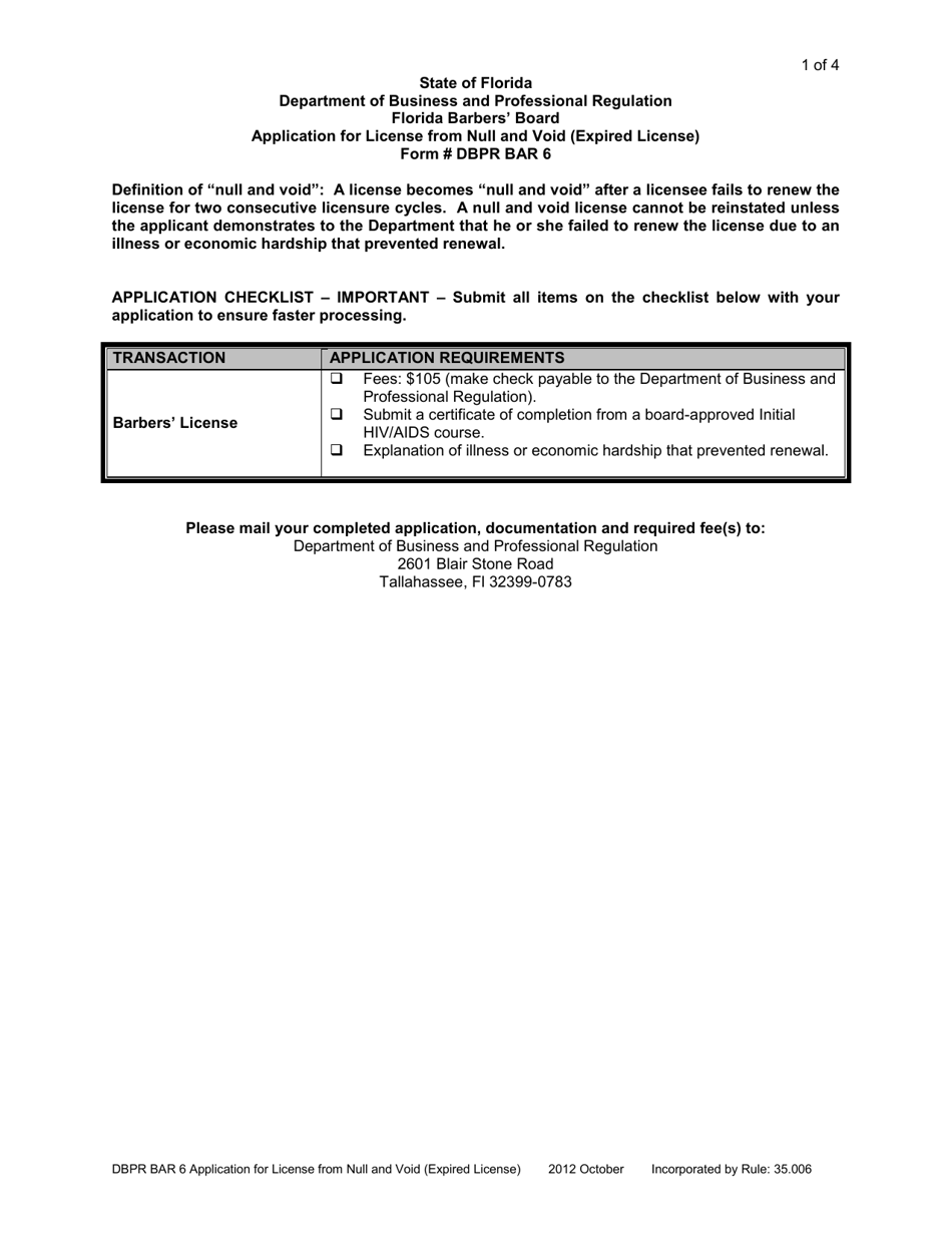 Form DBPR BAR6 Application for License From Null and Void (Expired License) - Florida, Page 1