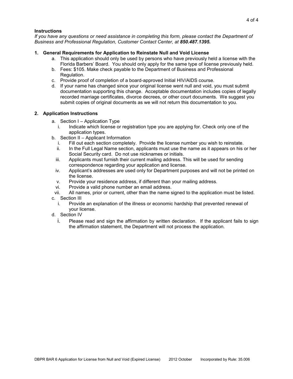 Form DBPR BAR6 Application for License From Null and Void (Expired License) - Florida, Page 4