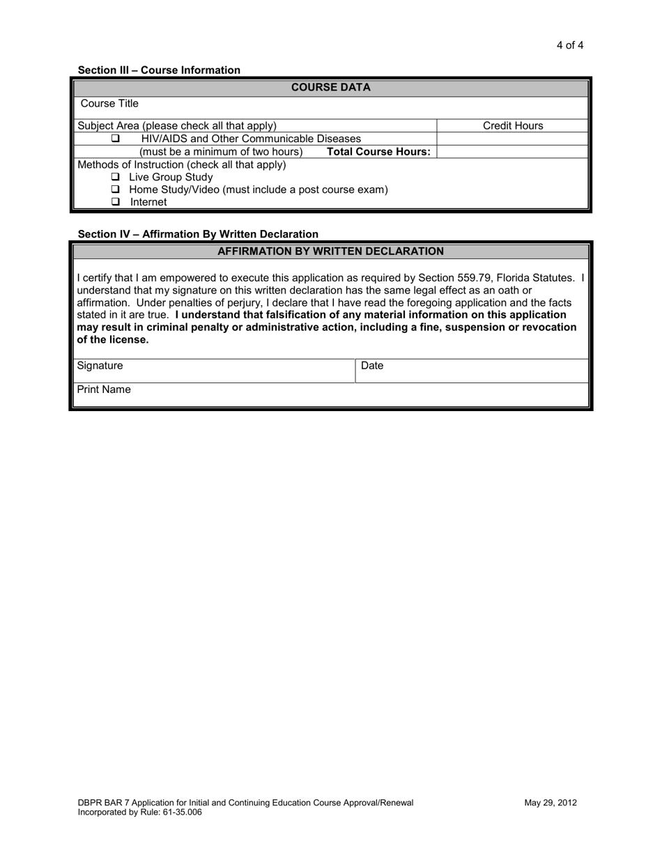Form DBPR BAR7 Application for Initial and Continuing Education Course Approval or Renewal - Florida, Page 4