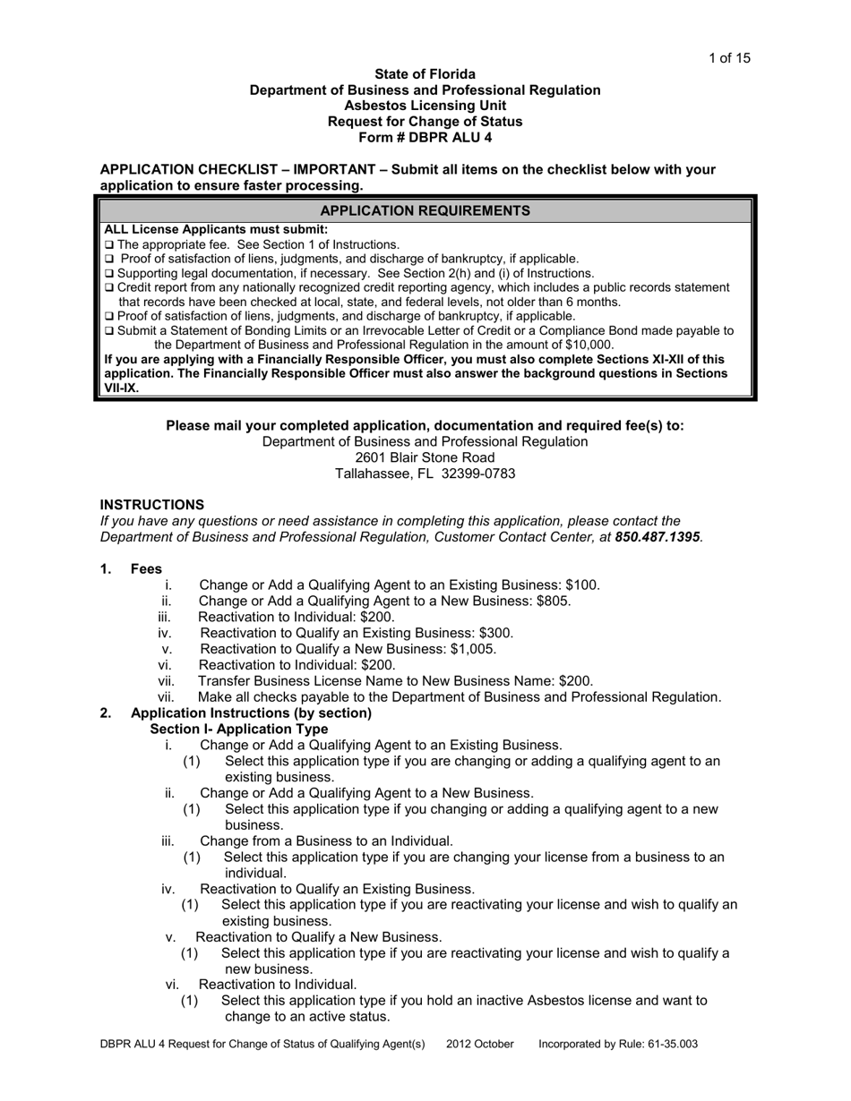Form DBPR ALU4 Request for Change of Status - Florida, Page 1