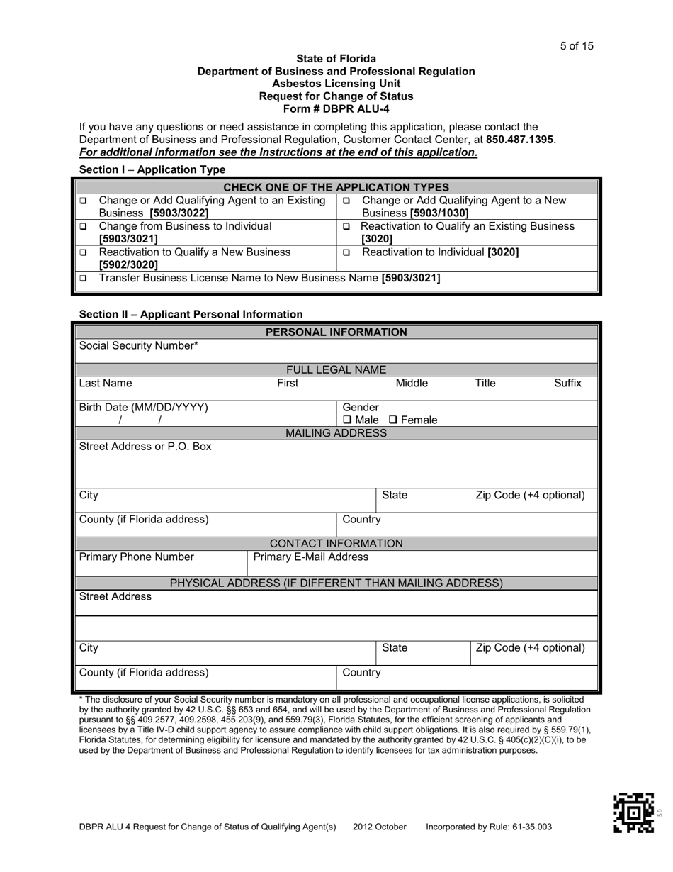 Form DBPR ALU4 Request for Change of Status - Florida, Page 5
