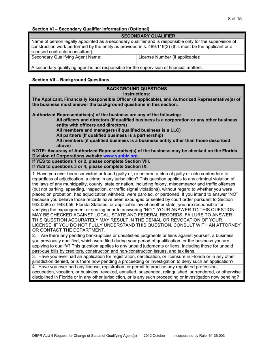 Form DBPR ALU4 Request for Change of Status - Florida, Page 8