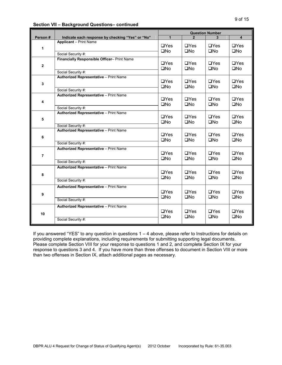 Form DBPR ALU4 Request for Change of Status - Florida, Page 9