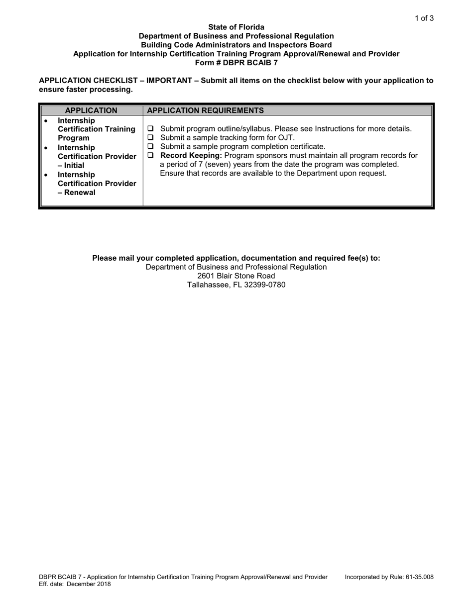 Form DBPR BCAIB7 Application for Internship Certification Training Program Approval / Renewal and Provider - Florida, Page 1