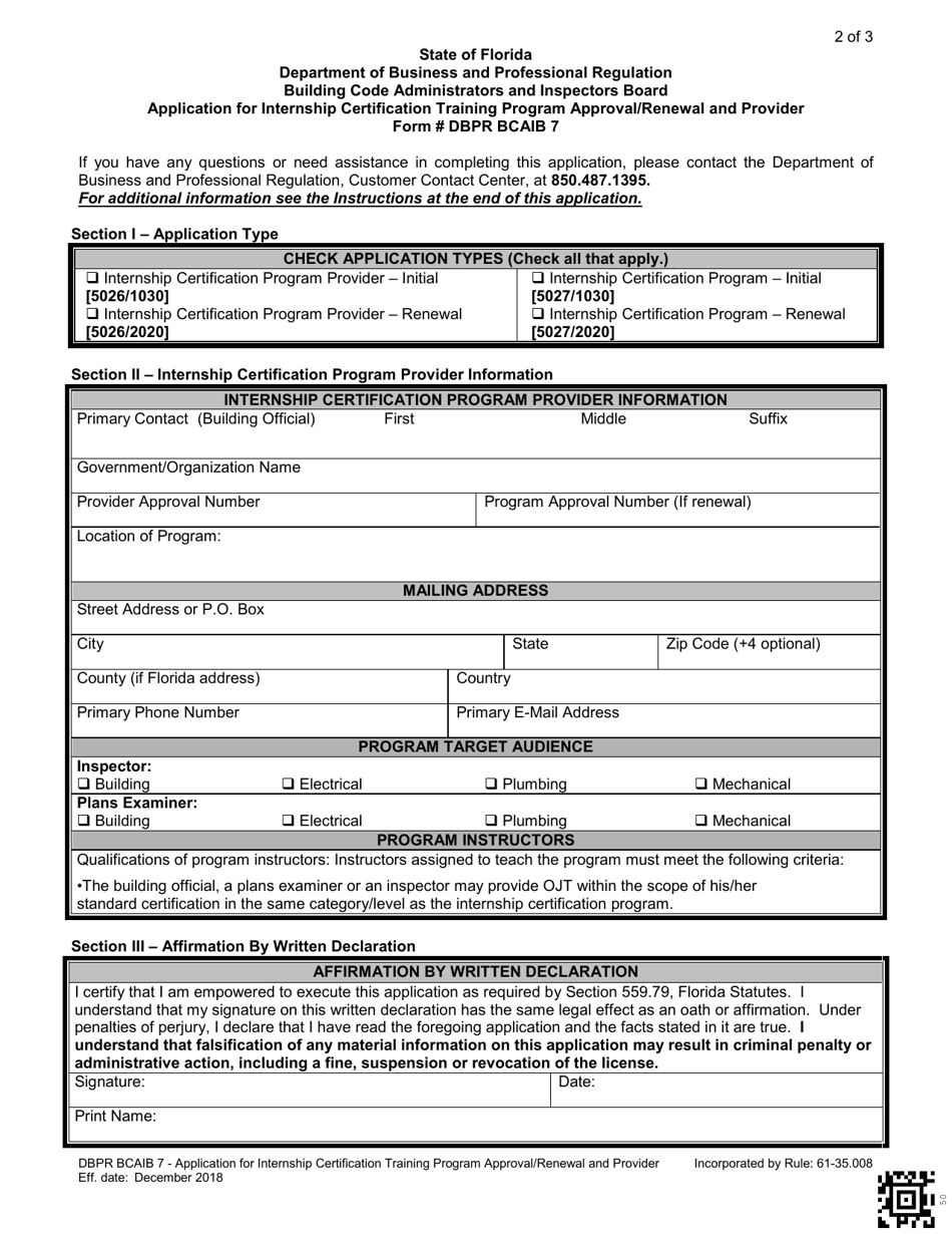Form DBPR BCAIB7 Application for Internship Certification Training Program Approval / Renewal and Provider - Florida, Page 2