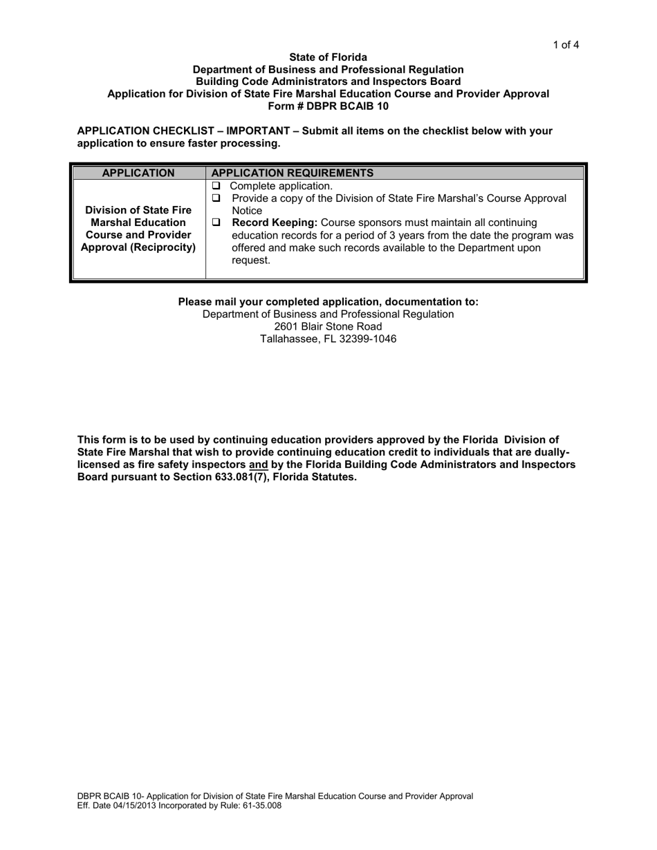 Form DBPR BCAIB10 Application for Division of State Fire Marshal Education Course and Provider Approval - Florida, Page 1