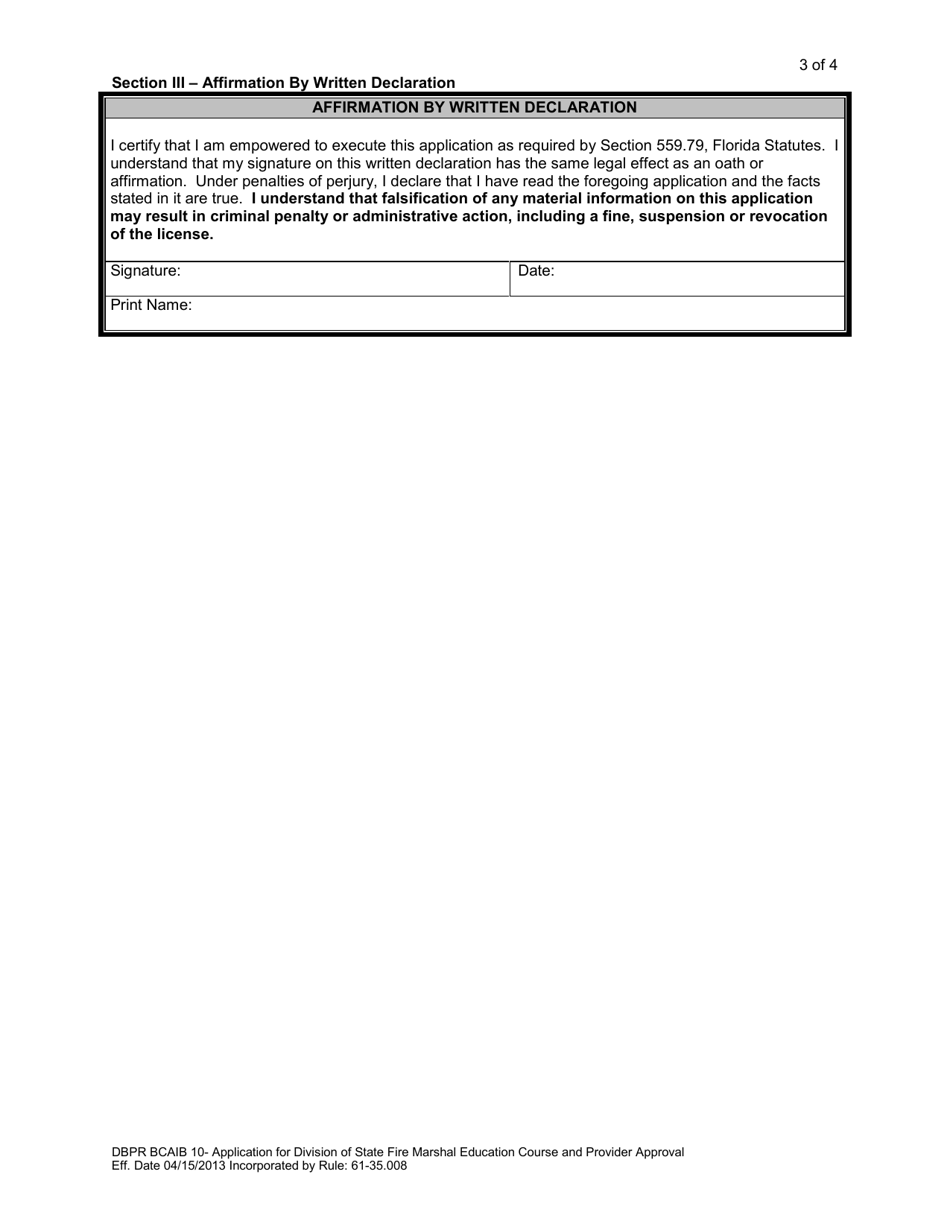 Form DBPR BCAIB10 Application for Division of State Fire Marshal Education Course and Provider Approval - Florida, Page 3
