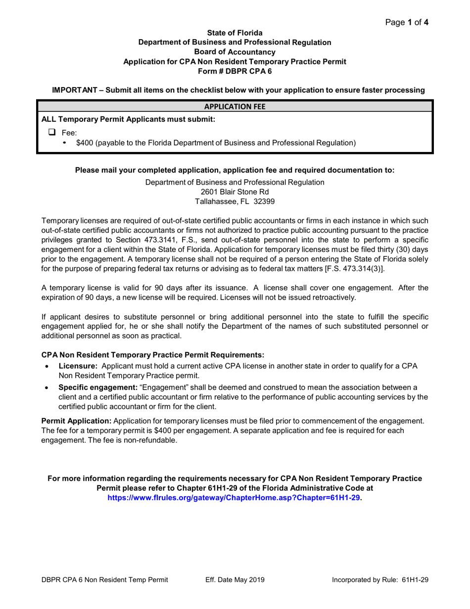 Form DBPR CPA6 Application for CPA Non Resident Temporary Practice Permit - Florida, Page 1