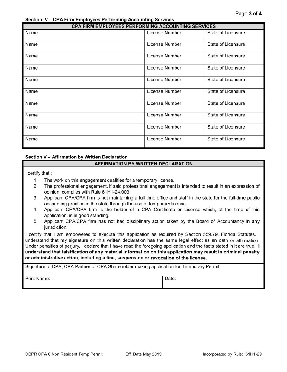 Form DBPR CPA6 Application for CPA Non Resident Temporary Practice Permit - Florida, Page 3