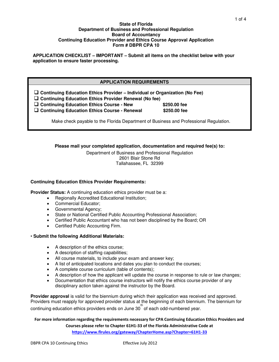 Form DBPR CPA10 Continuing Education Provider and Ethics Course Approval Application - Florida, Page 1