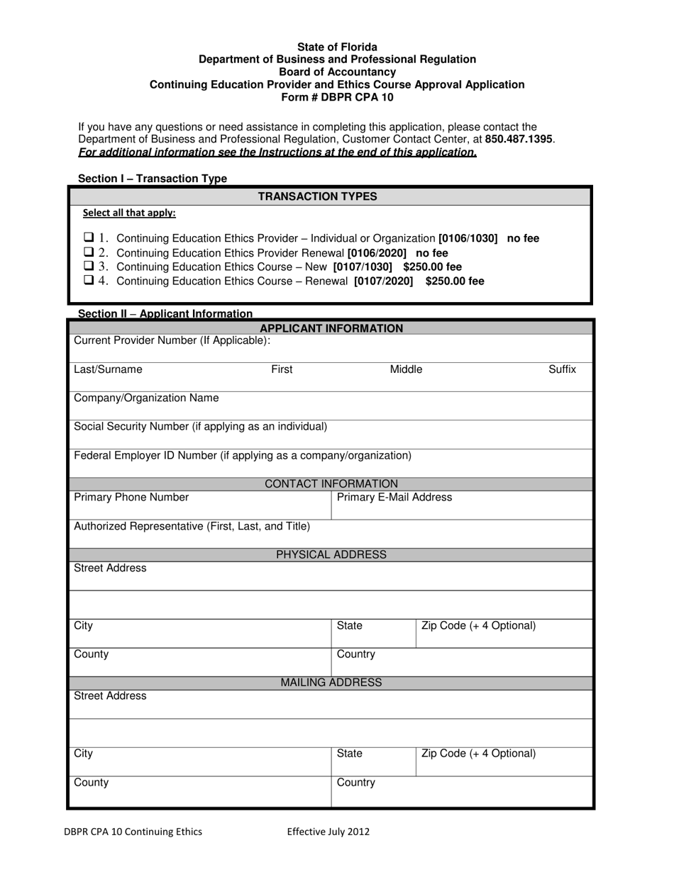 Form DBPR CPA10 Continuing Education Provider and Ethics Course Approval Application - Florida, Page 2
