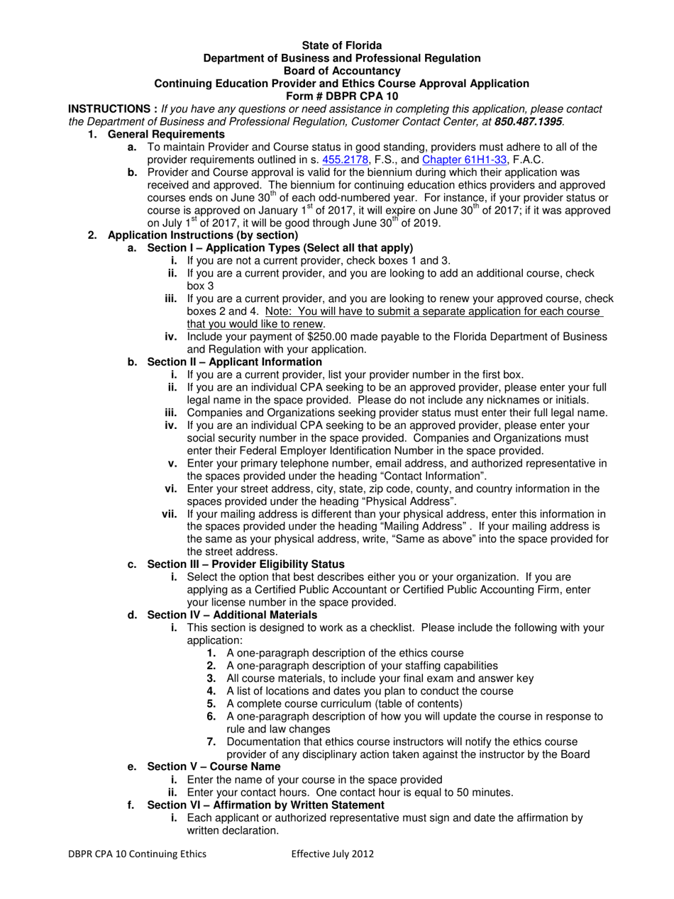 Form DBPR CPA10 Continuing Education Provider and Ethics Course Approval Application - Florida, Page 4