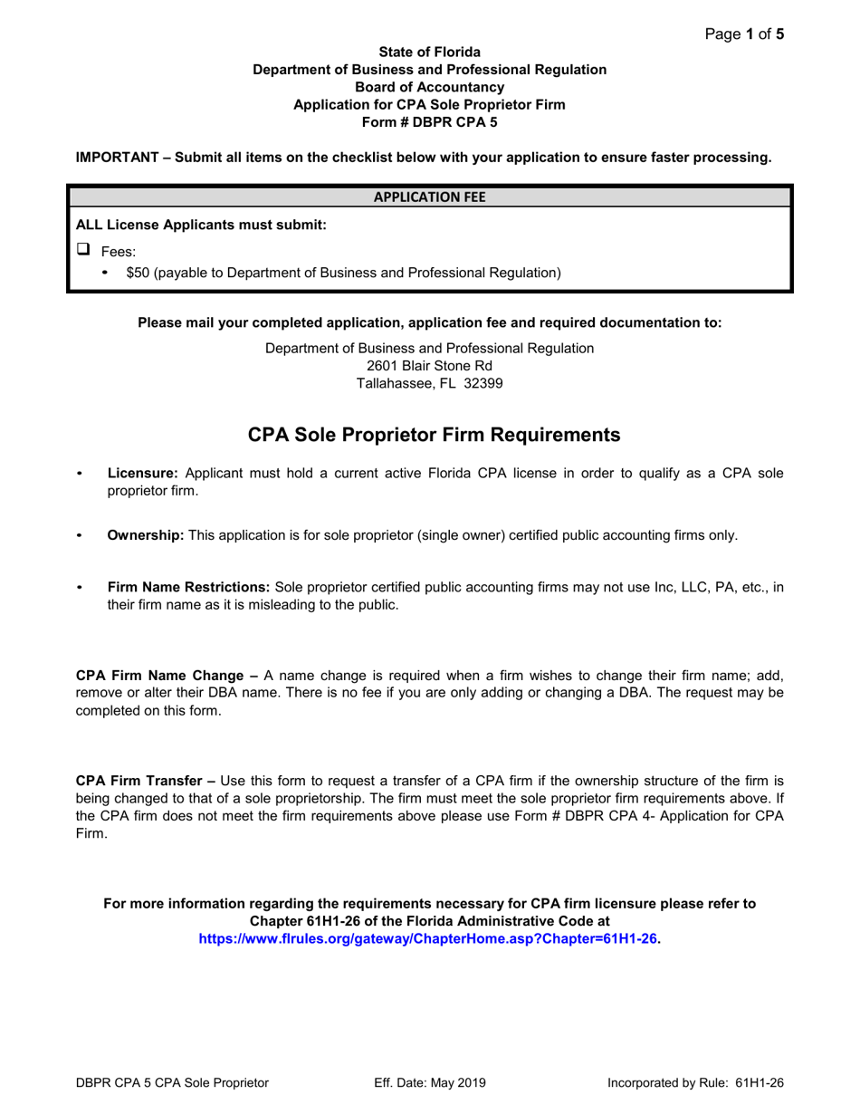 Form DBPR CPA5 Application for CPA Sole Proprietor Firm - Florida, Page 1