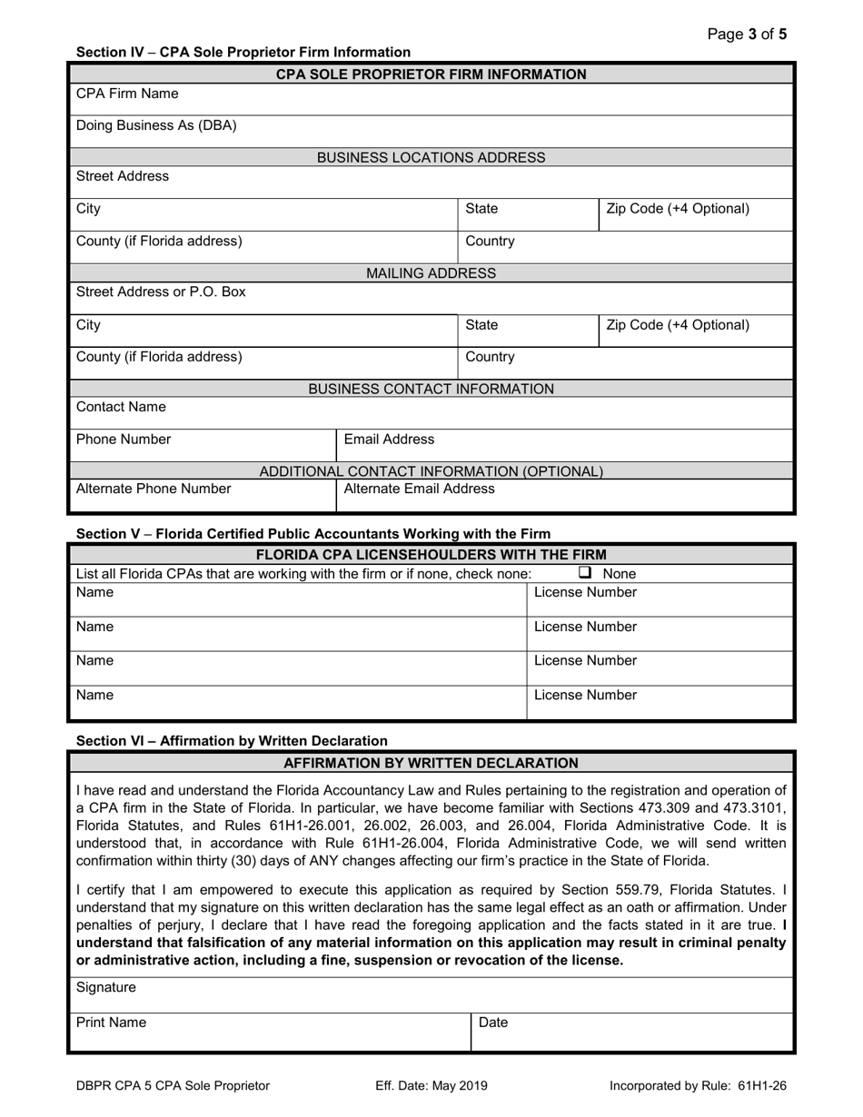 Form DBPR CPA5 Application for CPA Sole Proprietor Firm - Florida, Page 3