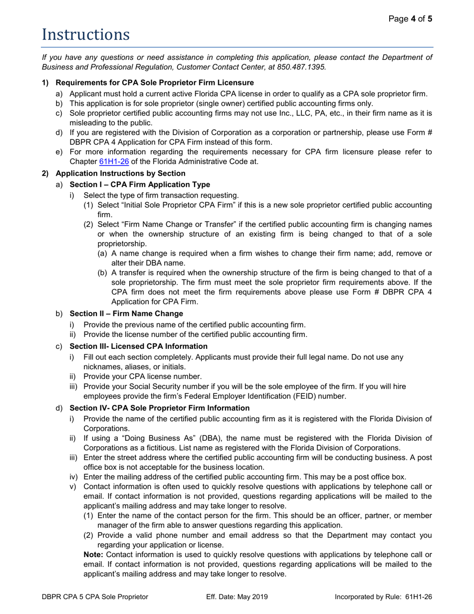Form DBPR CPA5 Application for CPA Sole Proprietor Firm - Florida, Page 4