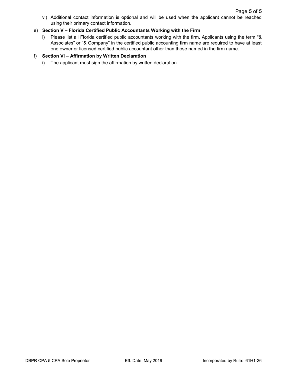 Form DBPR CPA5 Application for CPA Sole Proprietor Firm - Florida, Page 5