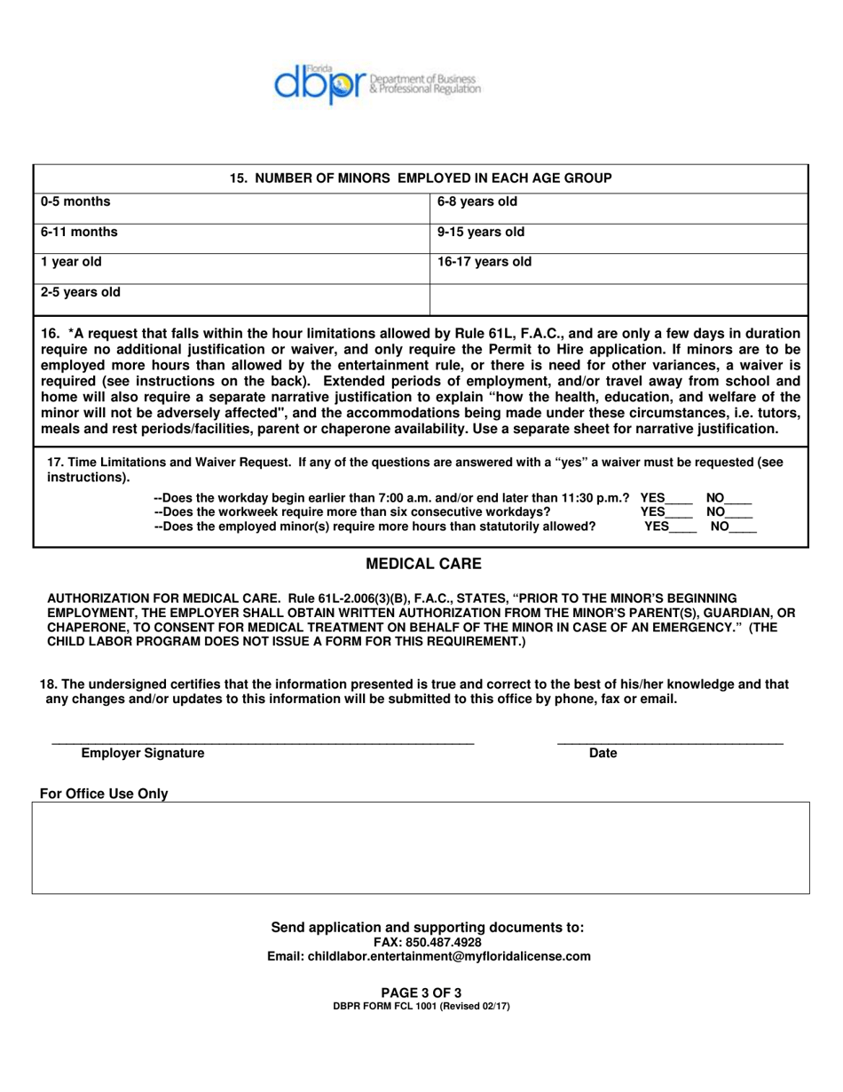 DBPR Form FCL1001 Application for Permit to Hire Minors by the Entertainment Industry - Florida, Page 3