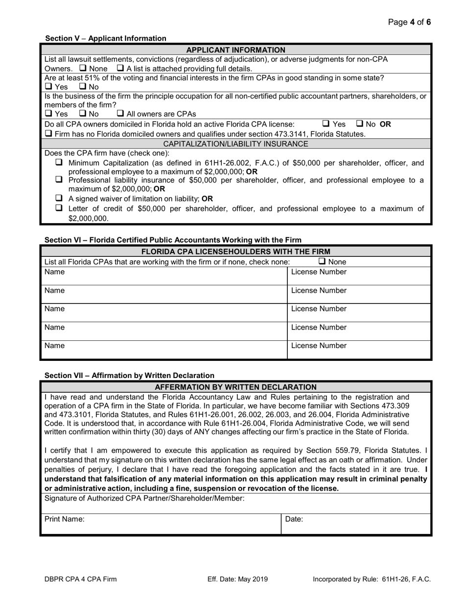 Form DBPR CPA4 Application for CPA Firm - Florida, Page 4