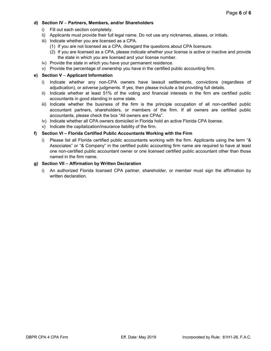 Form DBPR CPA4 Application for CPA Firm - Florida, Page 6