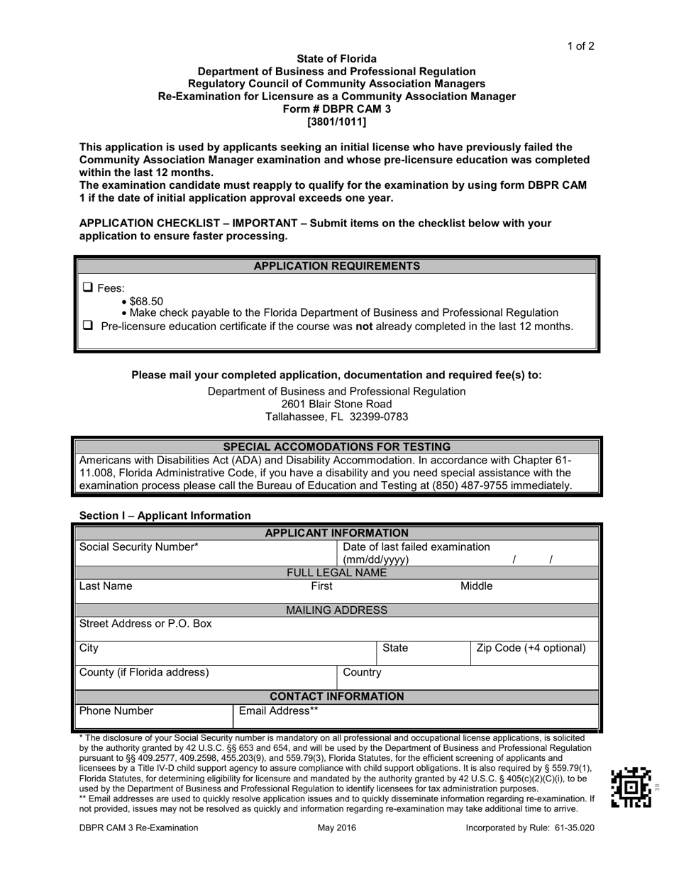 Form DBPR CAM3 Re-examination for Licensure as a Community Association Manager - Florida, Page 1