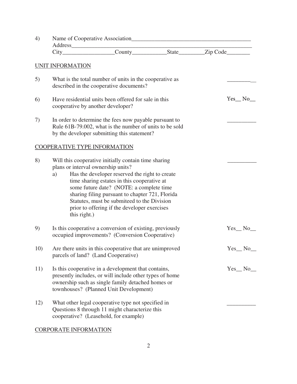 DBPR Form CO6000-33-024 Developer / Cooperative Filing Statement - Florida, Page 2