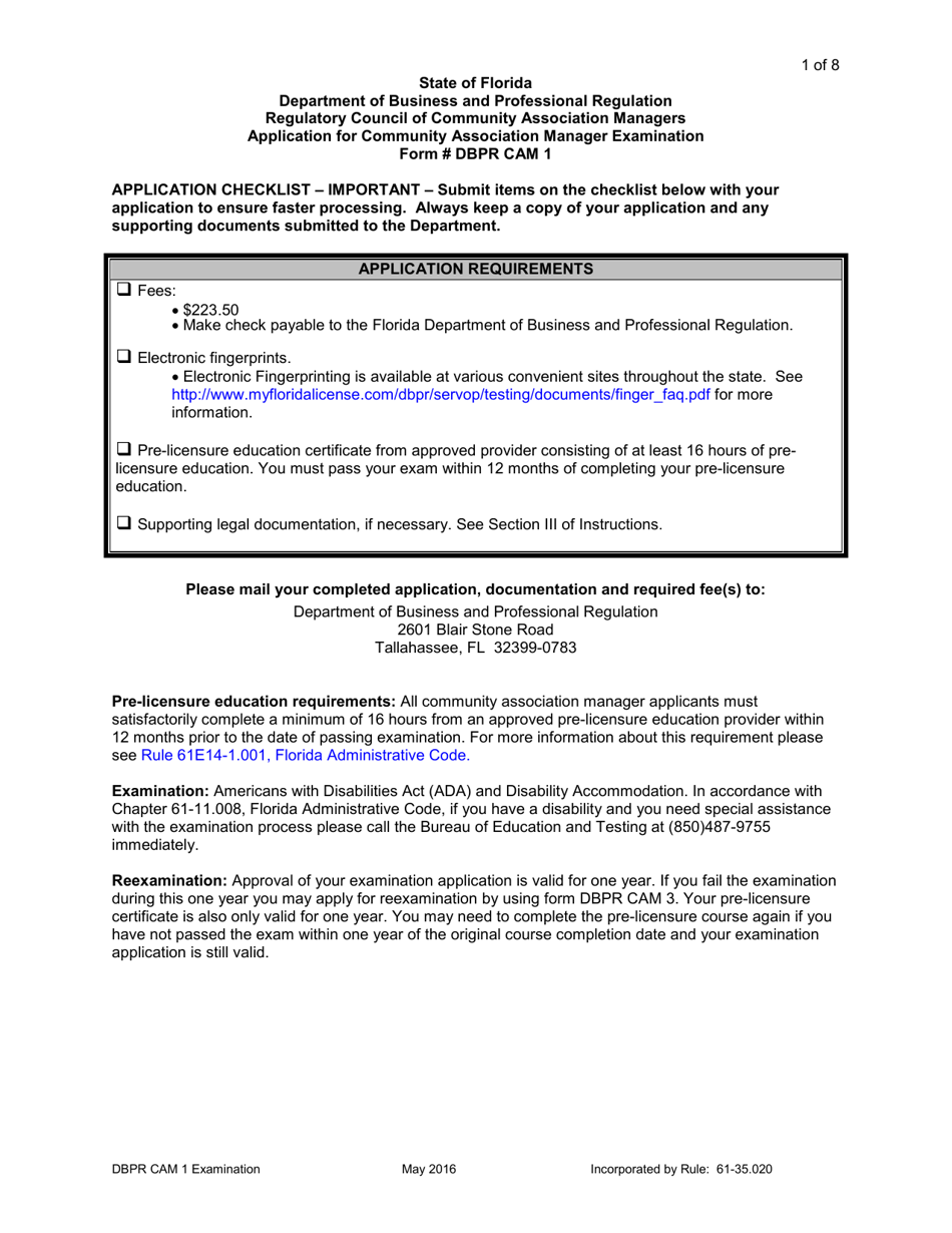 Form DBPR CAM1 Application for Community Association Manager Examination - Florida, Page 1