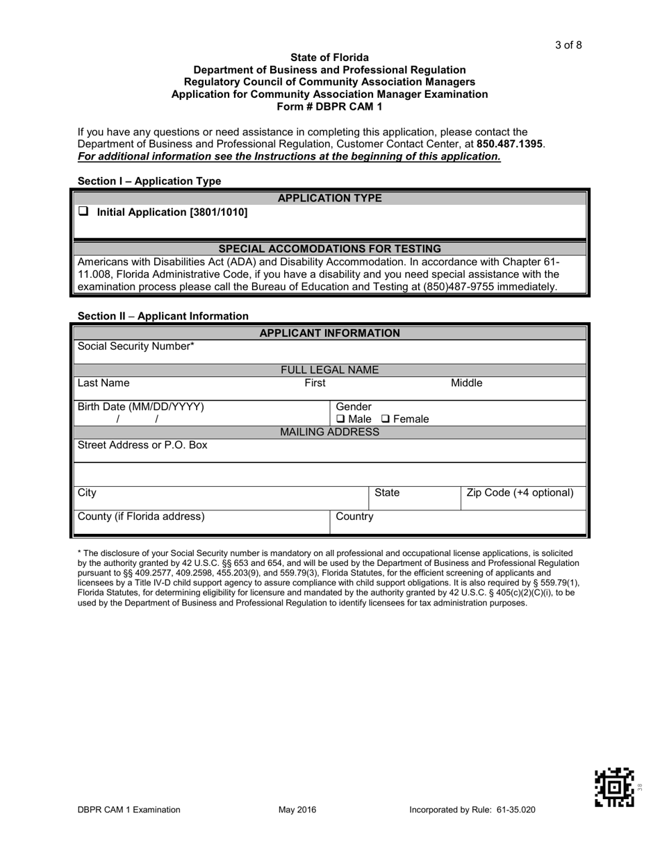 Form DBPR CAM1 Application for Community Association Manager Examination - Florida, Page 3