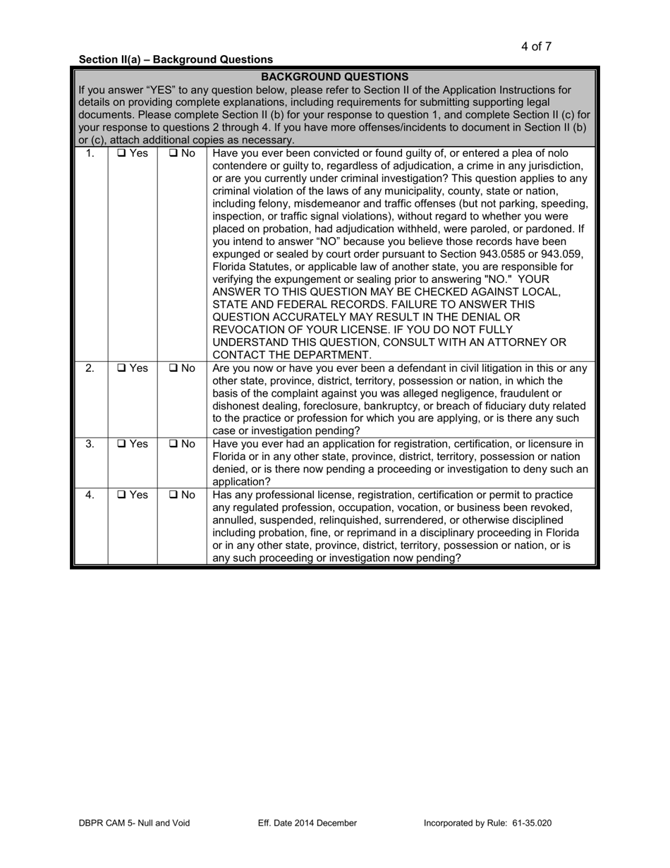 Form DBPR CAM5 Application to Reinstate Null and Void License - Florida, Page 4
