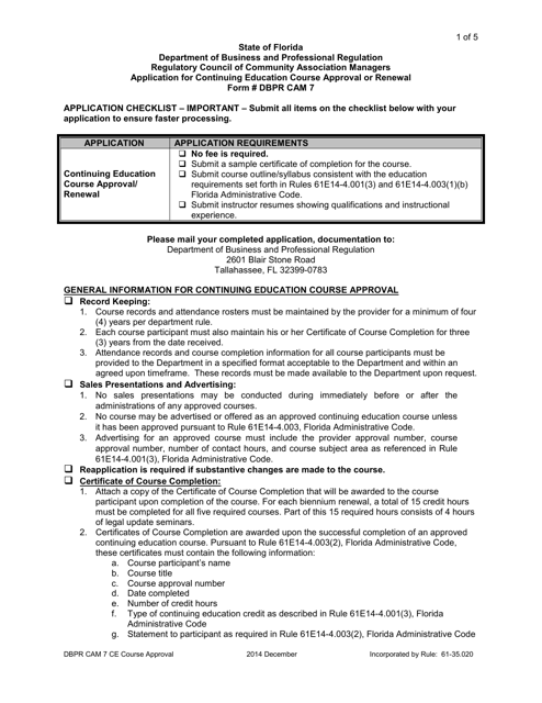 Form DBPR CAM7 Application for Continuing Education Course Approval or Renewal - Florida