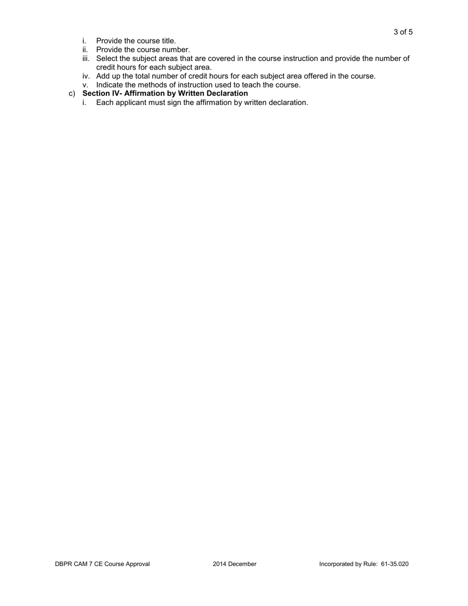 Form DBPR CAM7 Application for Continuing Education Course Approval or Renewal - Florida, Page 3