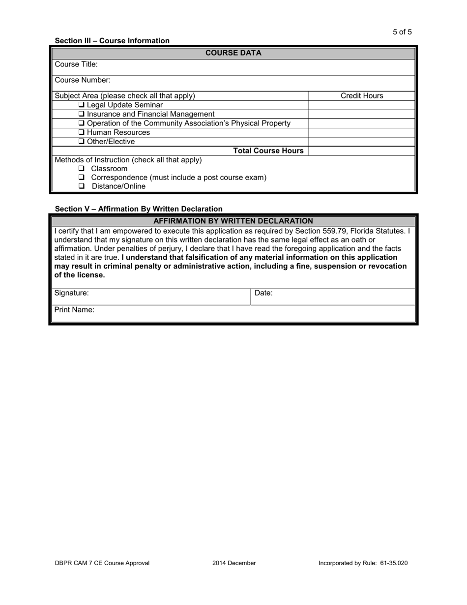Form DBPR CAM7 Application for Continuing Education Course Approval or Renewal - Florida, Page 5