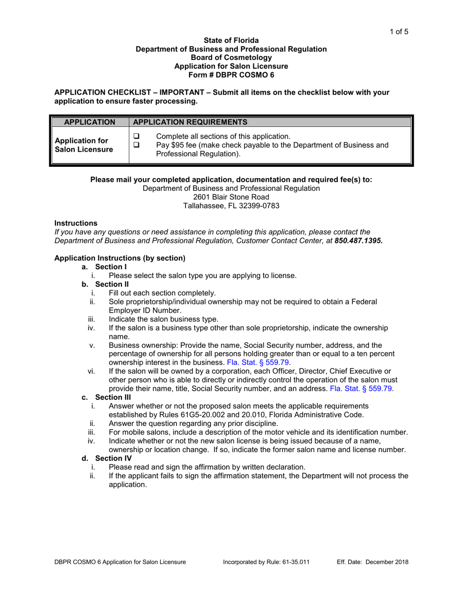 Form DBPR COSMO6 Application for Salon Licensure - Florida, Page 1
