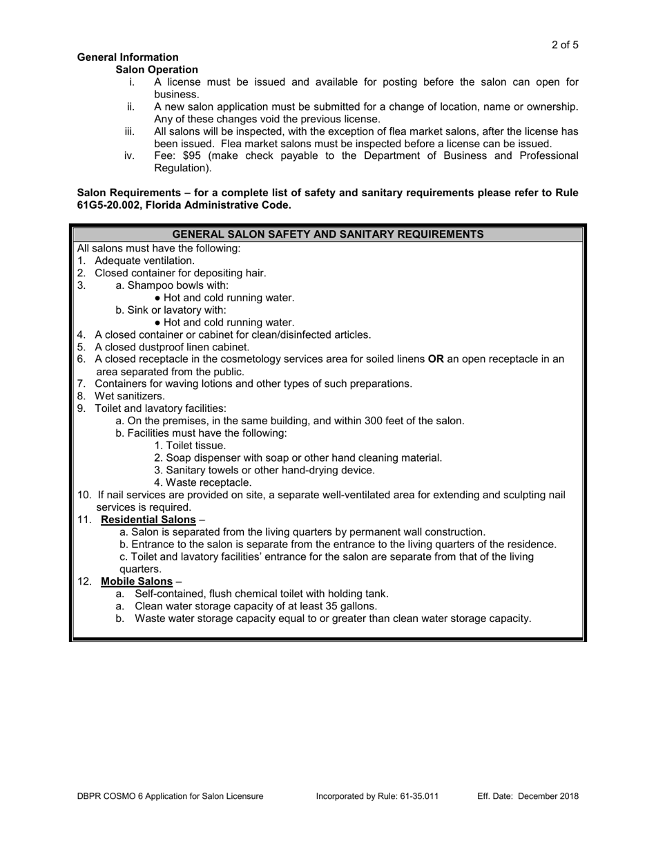 Form DBPR COSMO6 Application for Salon Licensure - Florida, Page 2
