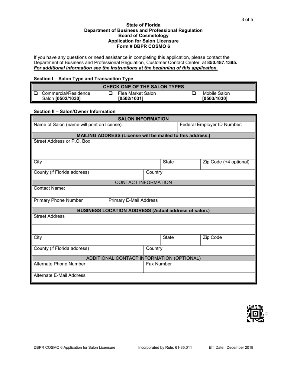 Form DBPR COSMO6 Application for Salon Licensure - Florida, Page 3