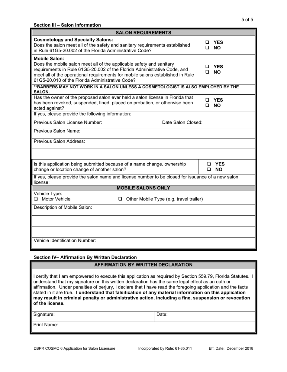 Form DBPR COSMO6 Application for Salon Licensure - Florida, Page 5