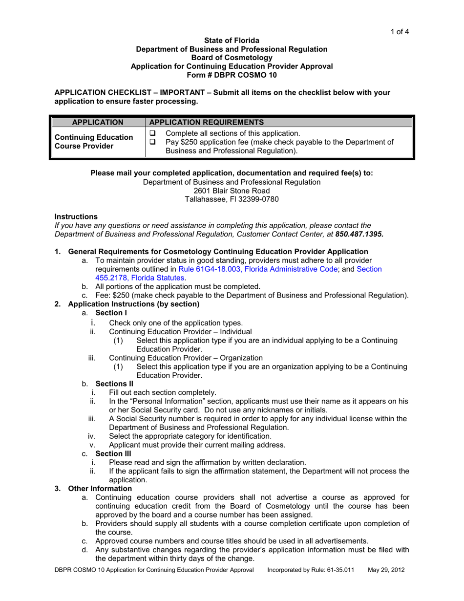 Form DBPR COSMO10 Application for Continuing Education Provider Approval - Florida, Page 1