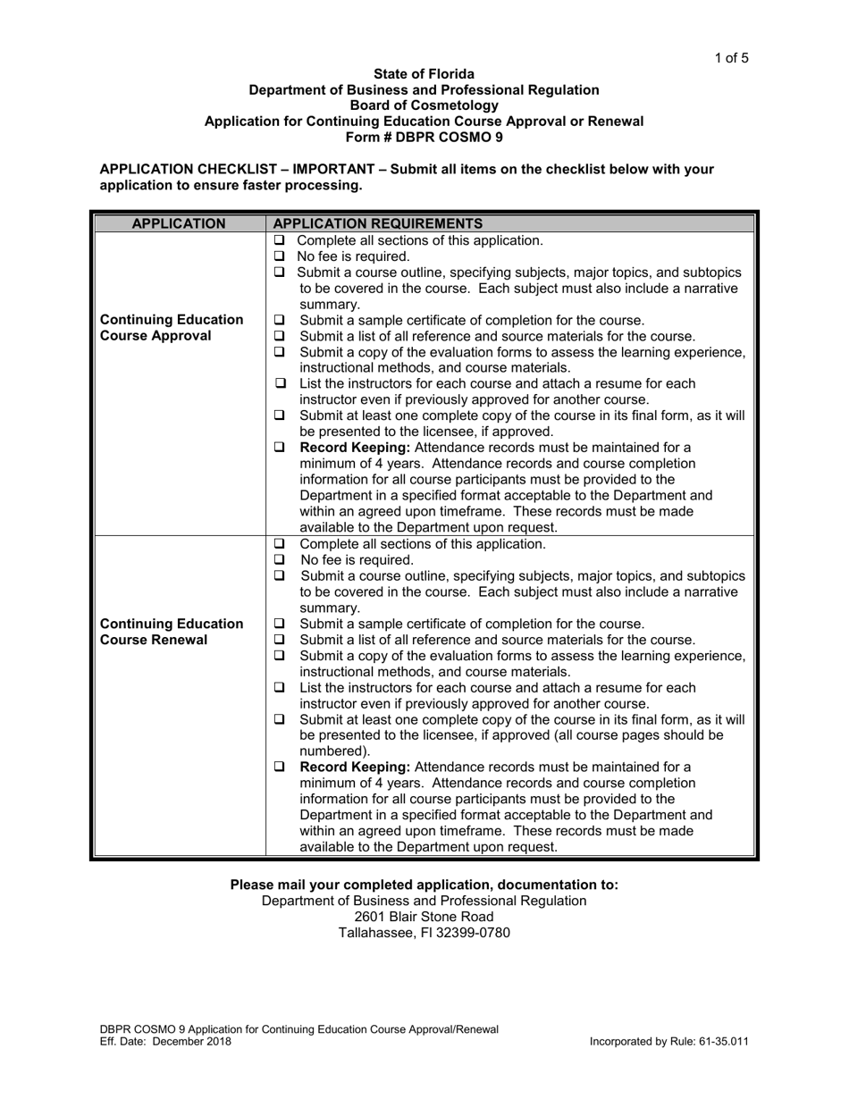 Form DBPR COSMO9 Application for Continuing Education Course Approval or Renewal - Florida, Page 1