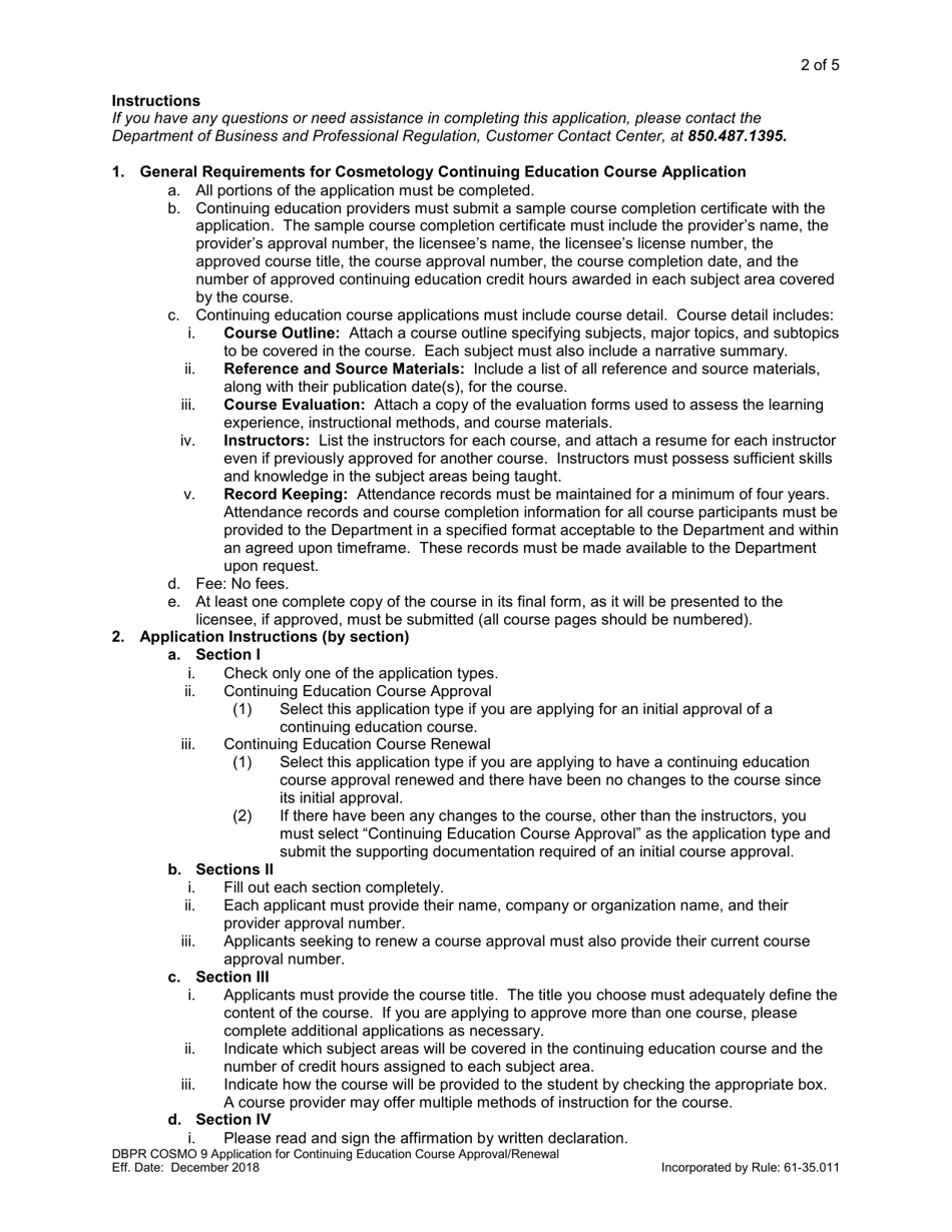 Form DBPR COSMO9 Application for Continuing Education Course Approval or Renewal - Florida, Page 2