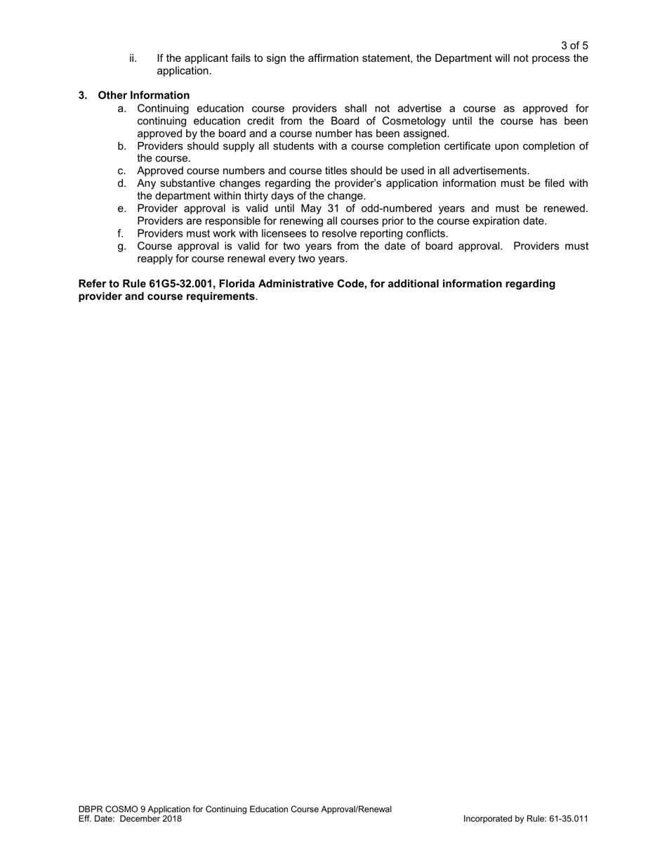 Form DBPR COSMO9 Application for Continuing Education Course Approval or Renewal - Florida, Page 3