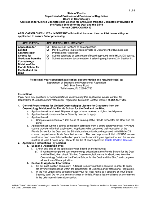 Form DBPR COSMO13 Application for Limited Cosmetologist License for Graduates From the Cosmetology Division of the Florida School for the Deaf and the Blind - Florida