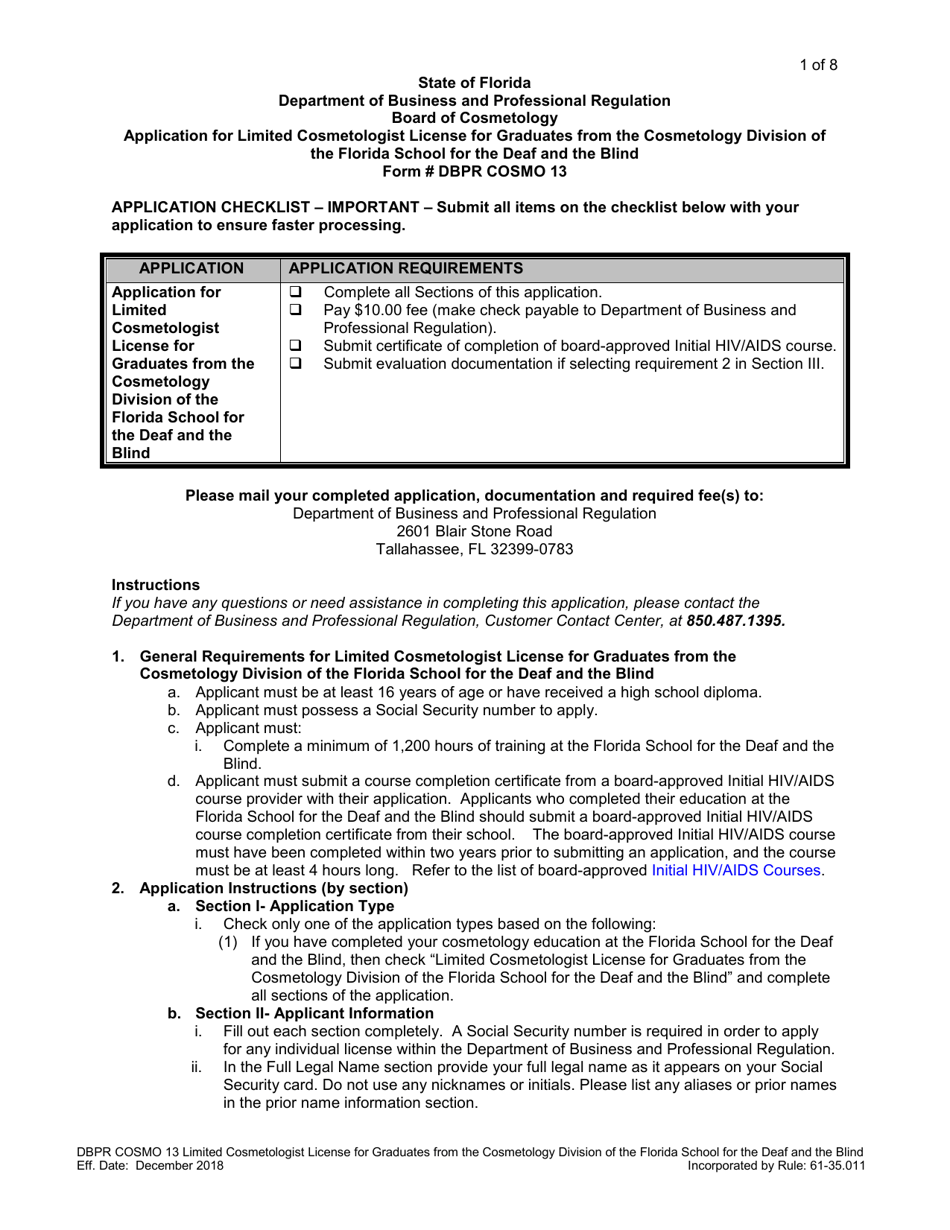 Form DBPR COSMO13 Application for Limited Cosmetologist License for Graduates From the Cosmetology Division of the Florida School for the Deaf and the Blind - Florida, Page 1