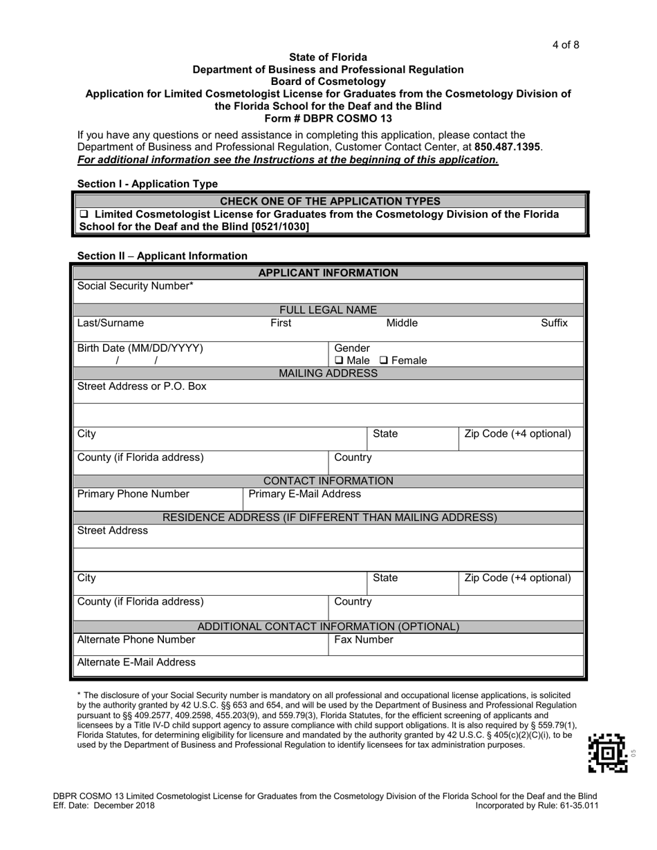 Form DBPR COSMO13 Application for Limited Cosmetologist License for Graduates From the Cosmetology Division of the Florida School for the Deaf and the Blind - Florida, Page 4