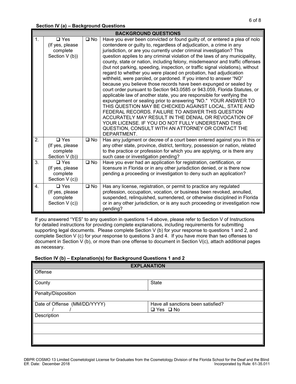 Form DBPR COSMO13 Application for Limited Cosmetologist License for Graduates From the Cosmetology Division of the Florida School for the Deaf and the Blind - Florida, Page 6