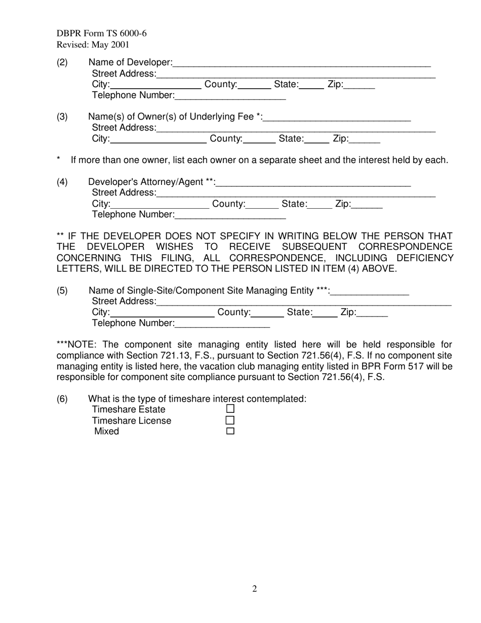 DBPR Form TS6000-6 Single Site / Component Site Timeshare Filing Statement - Florida, Page 2