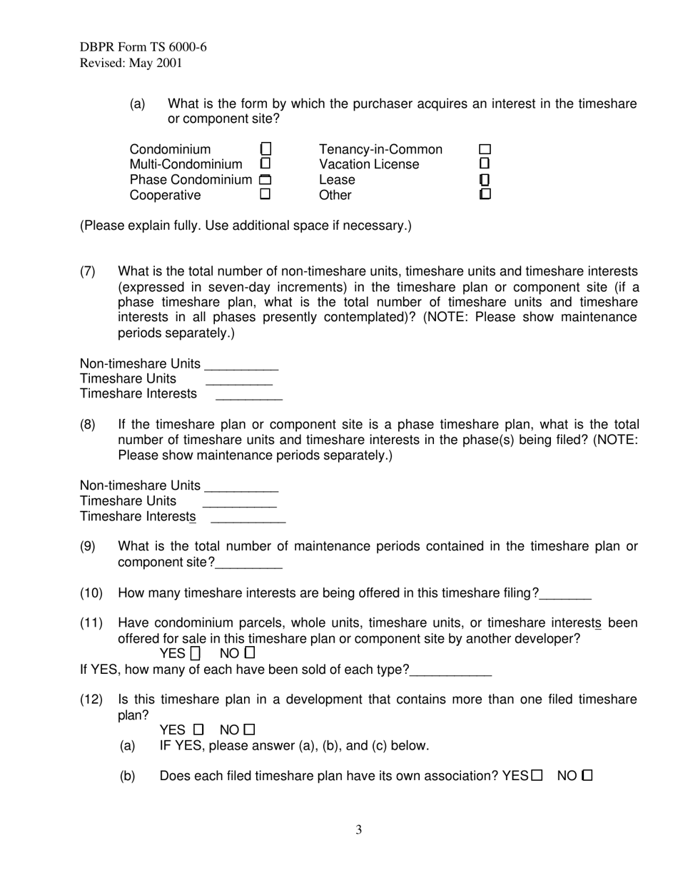 DBPR Form TS6000-6 Single Site / Component Site Timeshare Filing Statement - Florida, Page 3