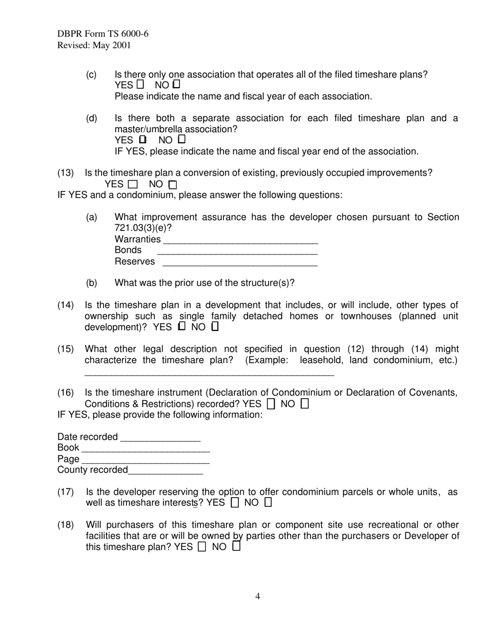 DBPR Form TS6000-6 Single Site / Component Site Timeshare Filing Statement - Florida, Page 4