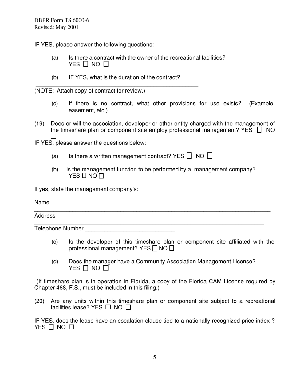 DBPR Form TS6000-6 Single Site / Component Site Timeshare Filing Statement - Florida, Page 5